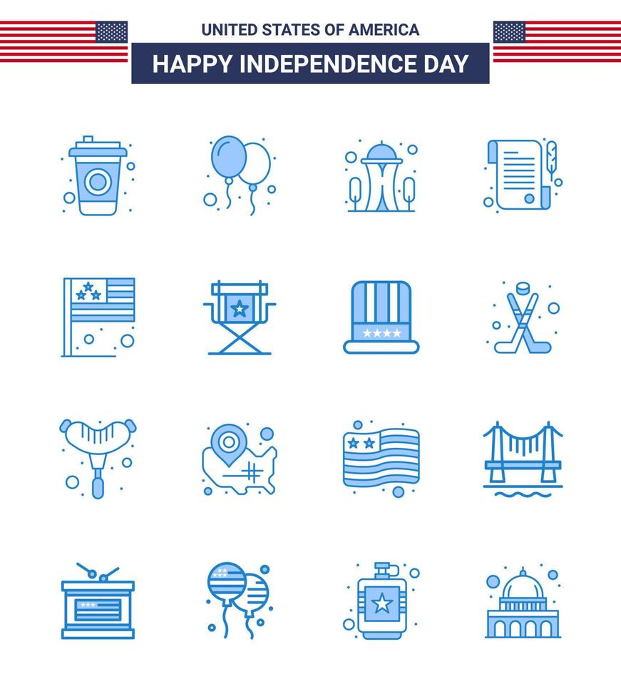 gelukkig onafhankelijkheid dag pak van 16 blues tekens en symbolen voor Verenigde Staten van Amerika land mijlpaal dag bon bewerkbare Verenigde Staten van Amerika dag vector ontwerp elementen