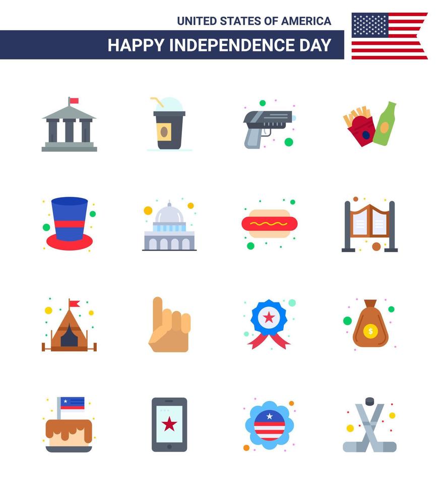 16 Verenigde Staten van Amerika vlak tekens onafhankelijkheid dag viering symbolen van hoed Amerikaans geweer Amerikaans fles bewerkbare Verenigde Staten van Amerika dag vector ontwerp elementen