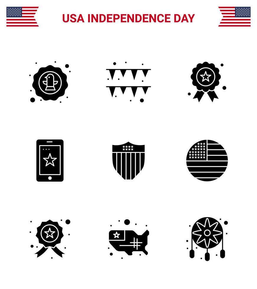 groot pak van 9 Verenigde Staten van Amerika gelukkig onafhankelijkheid dag Verenigde Staten van Amerika vector solide glyphs en bewerkbare symbolen van schild Ierland vakantie cel mobiel bewerkbare Verenigde Staten van Amerika dag vector ontwerp elementen