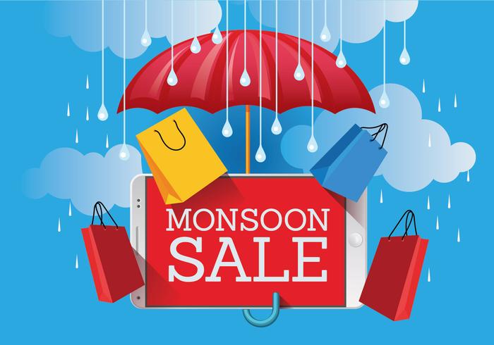 Vector Monsoon Sale Banner Poster met Gadget en Paraplu