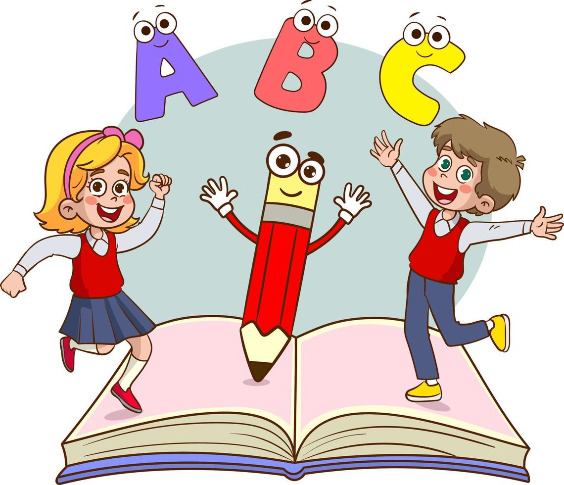 gelukkig leerling kinderen dansen en jumping met brieven en nummers. onderwijs en kennis concept vector
