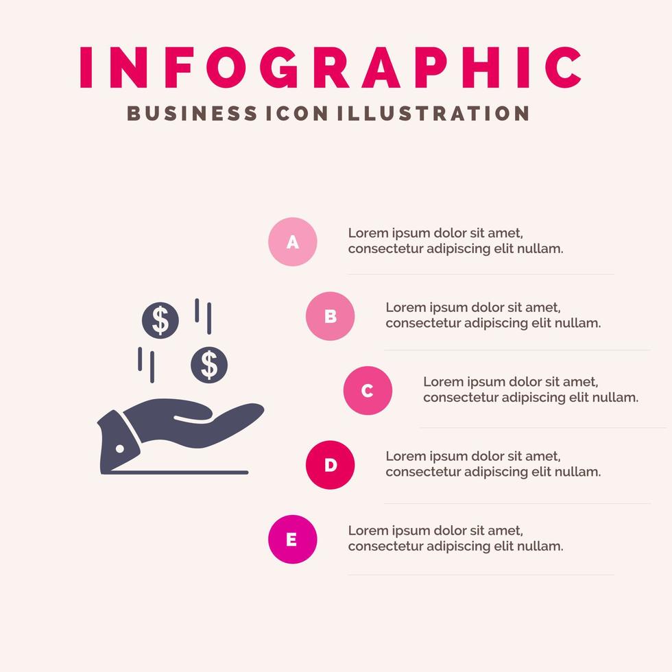 hand- dollar geld valuta liefdadigheid solide icoon infographics 5 stappen presentatie achtergrond vector