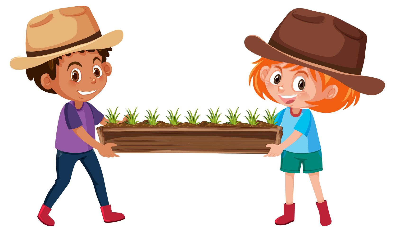 jongen en meisje planten in houten pot te houden vector