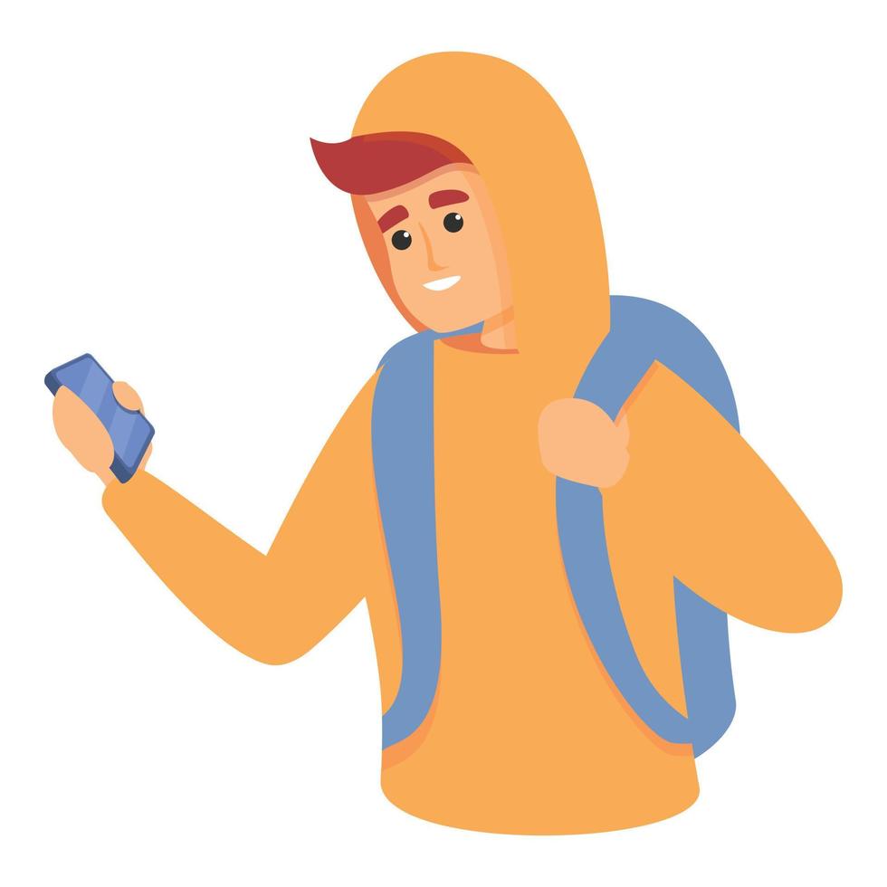 school- jongen nemen smartphone icoon, tekenfilm stijl vector