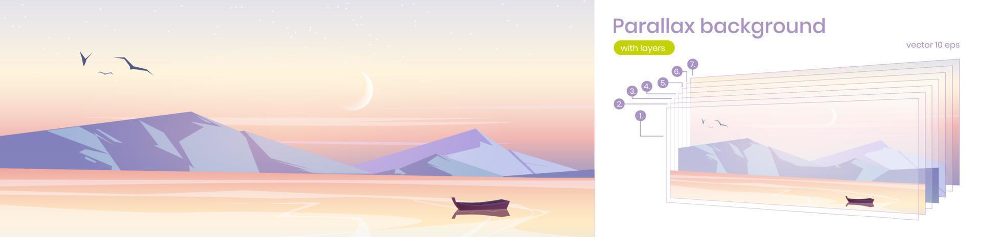 parallax achtergrond, zonsopkomst in oceaan met boot vector