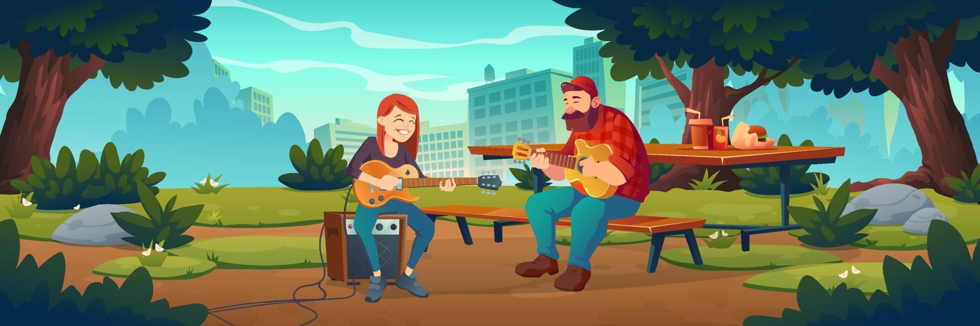 mensen Speel muziek- in stad park vector