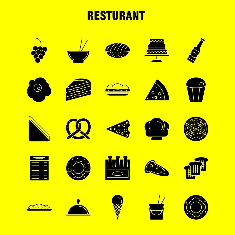 restaurant solide glyph pictogrammen reeks voor infographics mobiel uxui uitrusting en afdrukken ontwerp omvatten wortel voedsel groente maaltijd fles voedsel maaltijd mosterd eps 10 vector