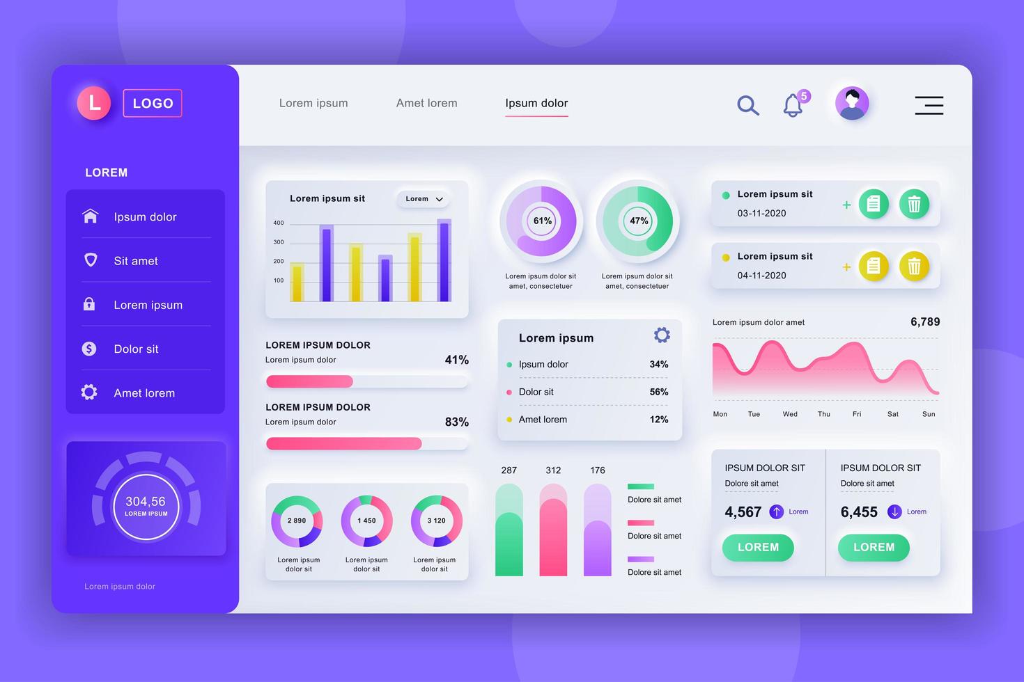 admin panel neumorfisch dashboard ui kit vector