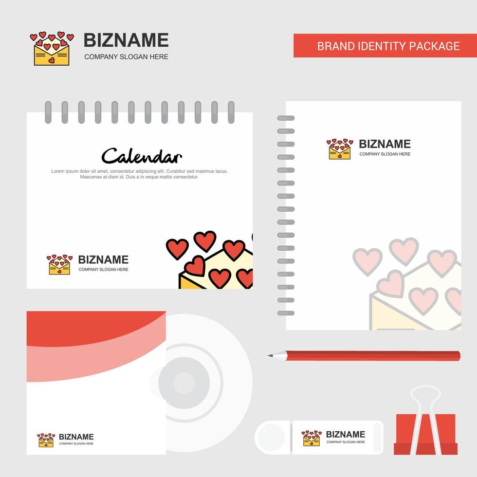 liefde brief logo kalender sjabloon CD Hoes dagboek en USB merk stationair pakket ontwerp vector sjabloon