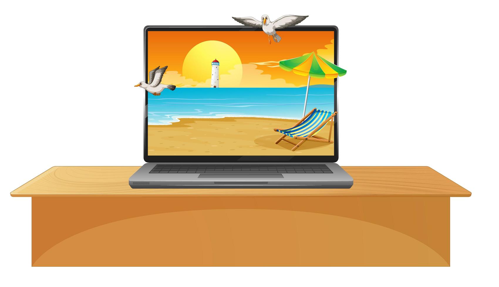 laptop op tafel met strand op scherm vector