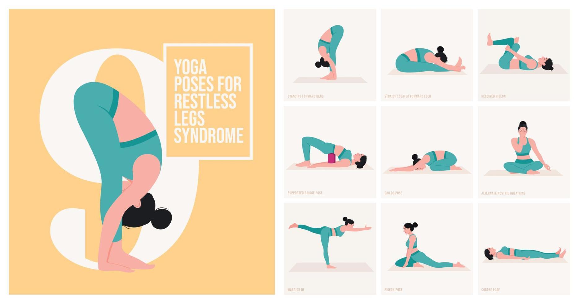 yoga poses voor rusteloos poten syndroom. jong vrouw beoefenen yoga houding. vrouw training fitheid, aëroob en opdrachten. vector illustratie