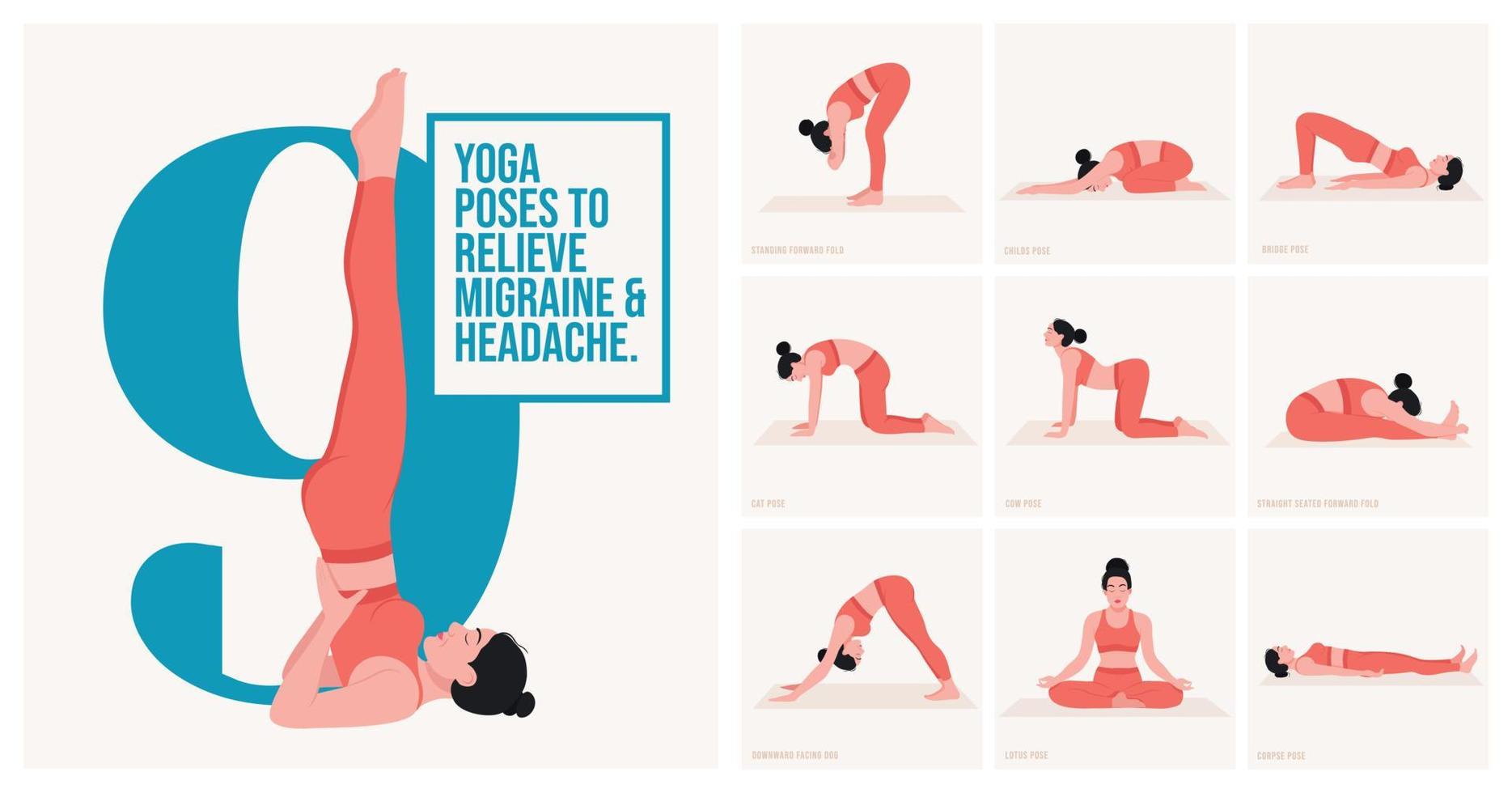 yoga poses voor verlichten migraine hoofdpijn. jong vrouw beoefenen yoga houding. vrouw training fitheid, aëroob en opdrachten. vector illustratie.