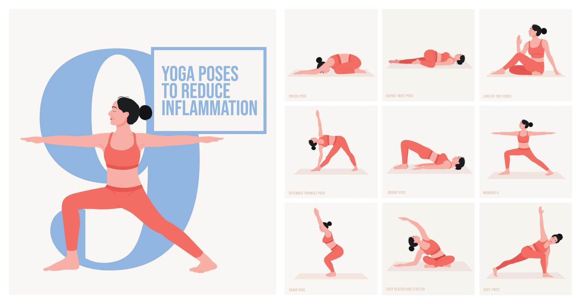 yoga poses voor verminderen ontsteking. jong vrouw beoefenen yoga houding. vrouw training fitheid, aëroob en opdrachten. vector illustratie.