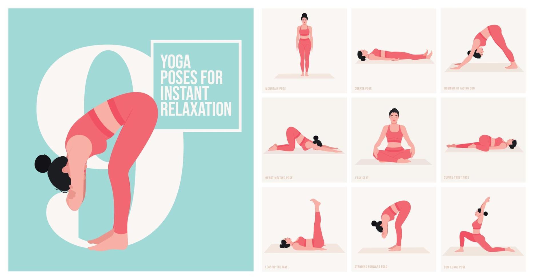 yoga poses voor ogenblik ontspanning. jong vrouw beoefenen yoga houding. vrouw training fitheid, aëroob en opdrachten. vector illustratie.