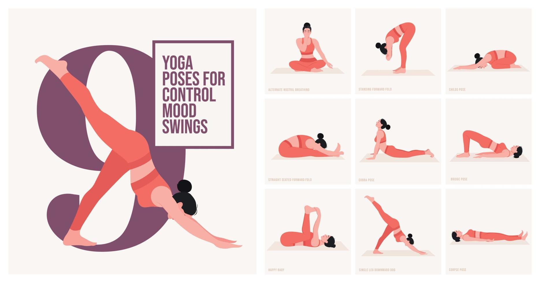 yoga poses voor controle humeur schommelt. jong vrouw beoefenen yoga houding. vrouw training fitheid, aëroob en opdrachten. vector illustratie.