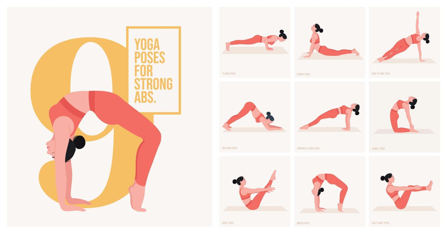 yoga poses voor sterk buikspieren. jong vrouw beoefenen yoga houding. vrouw training fitheid, aëroob en opdrachten. vector illustratie.