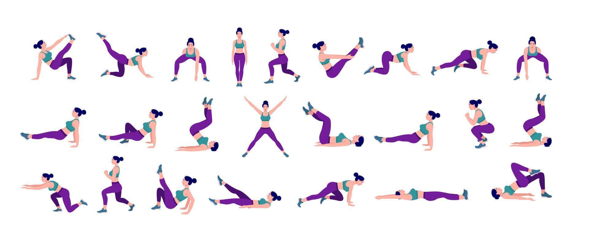 training meisje set. vrouw aan het doen geschiktheid en yoga opdrachten. lunges en hurken, plank en abc. vol lichaam training. vector