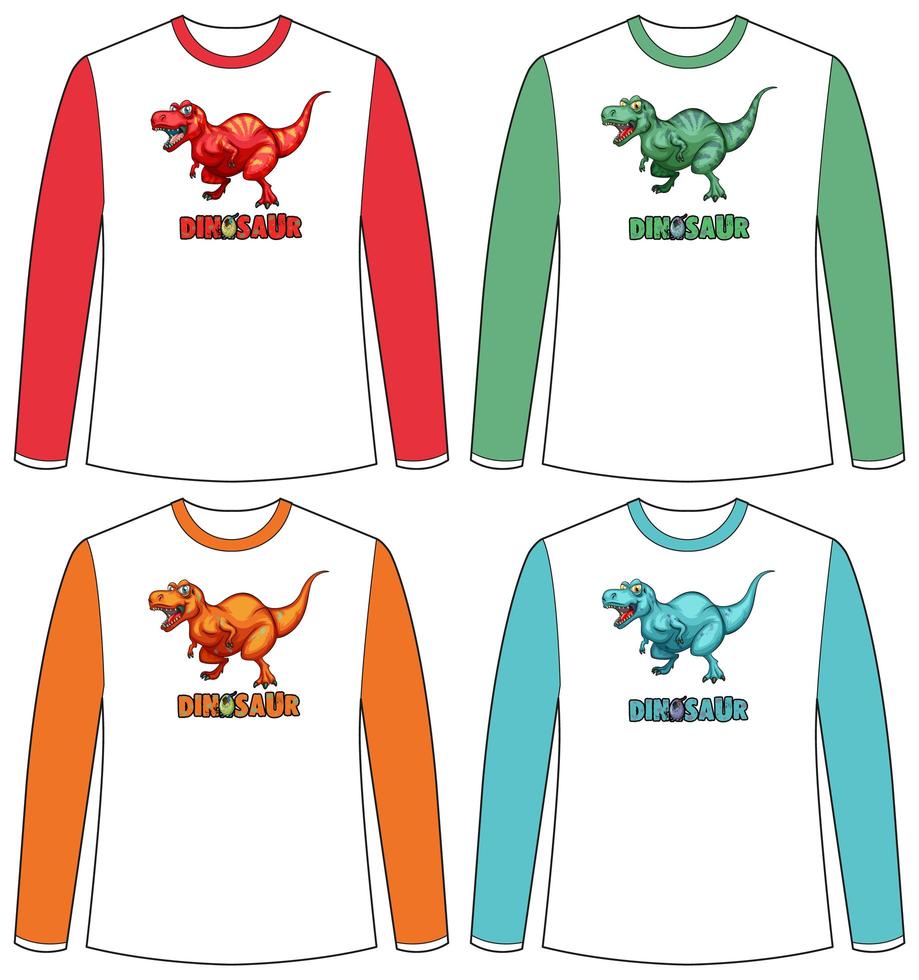 set van verschillende kleuren dinosaurusscherm op t-shirt met lange mouwen vector