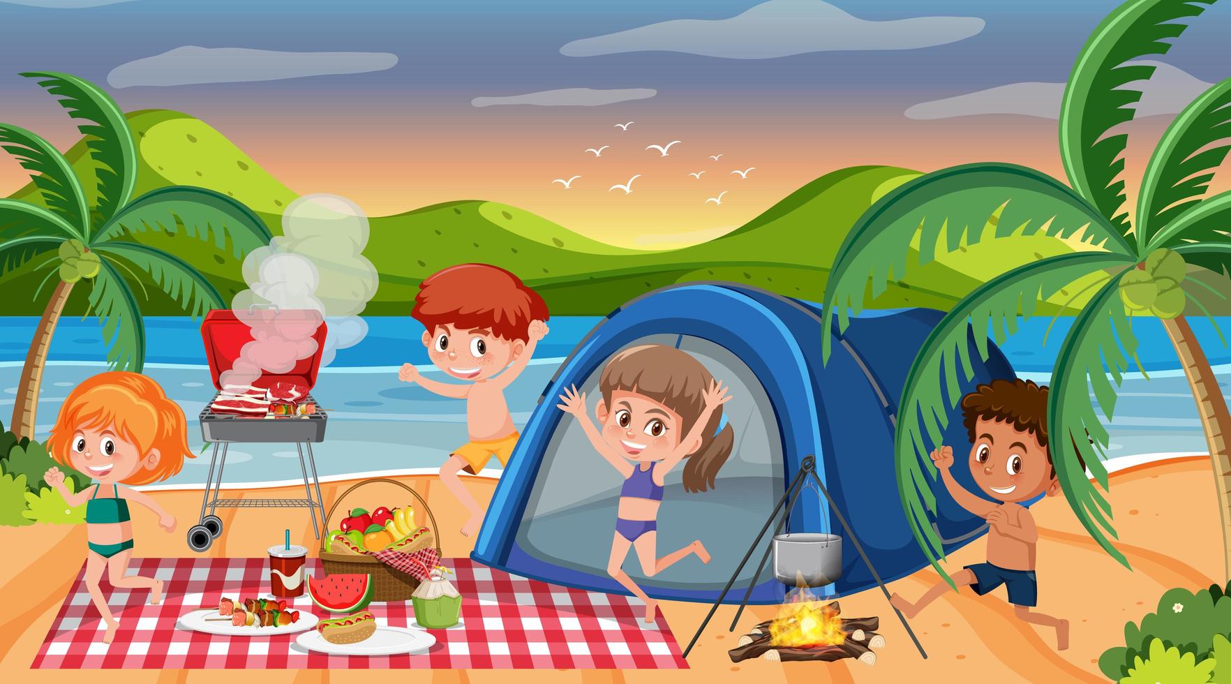 picknickscène met gelukkige familie op het strand vector
