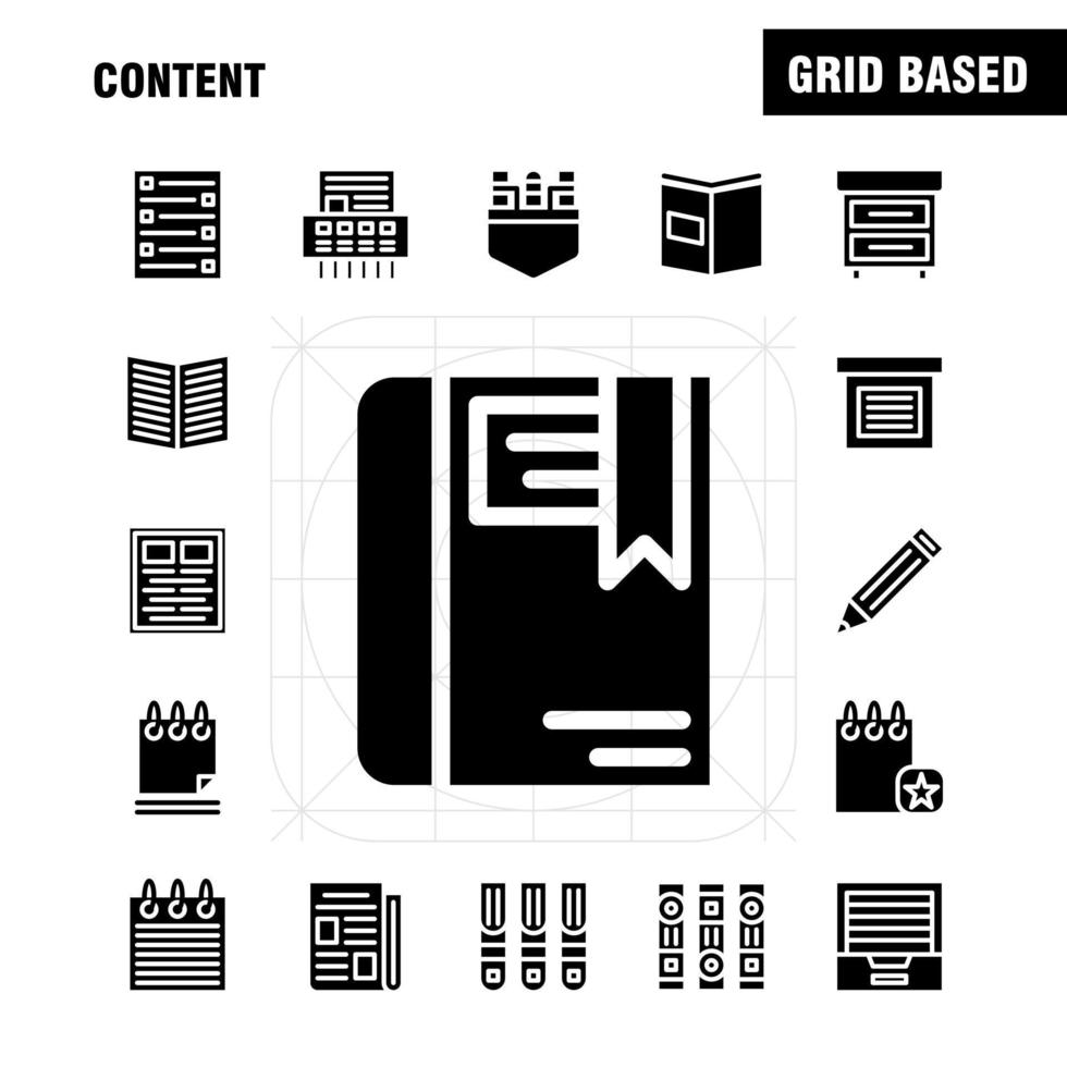 inhoud solide glyph icoon pak voor ontwerpers en ontwikkelaars pictogrammen van boek boek Mark inhoud inhoud pennen zak- inhoud vector