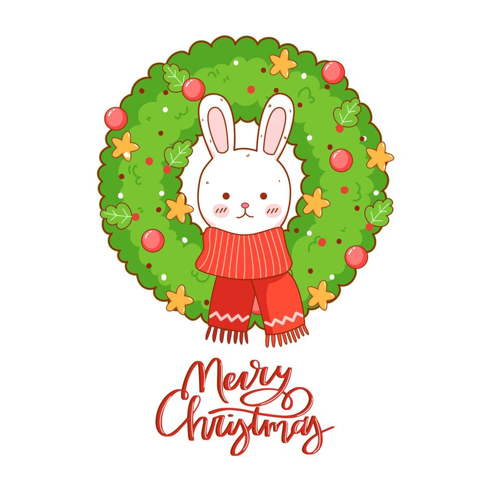 de jaar 2023 de jaar van de konijn groet symbool met een cartoonesk konijn en Kerstmis krans vector