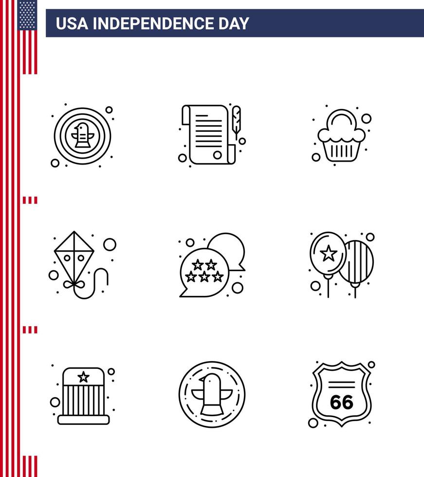 9 creatief Verenigde Staten van Amerika pictogrammen modern onafhankelijkheid tekens en 4e juli symbolen van ster vlag taart vliegend vlieger bewerkbare Verenigde Staten van Amerika dag vector ontwerp elementen