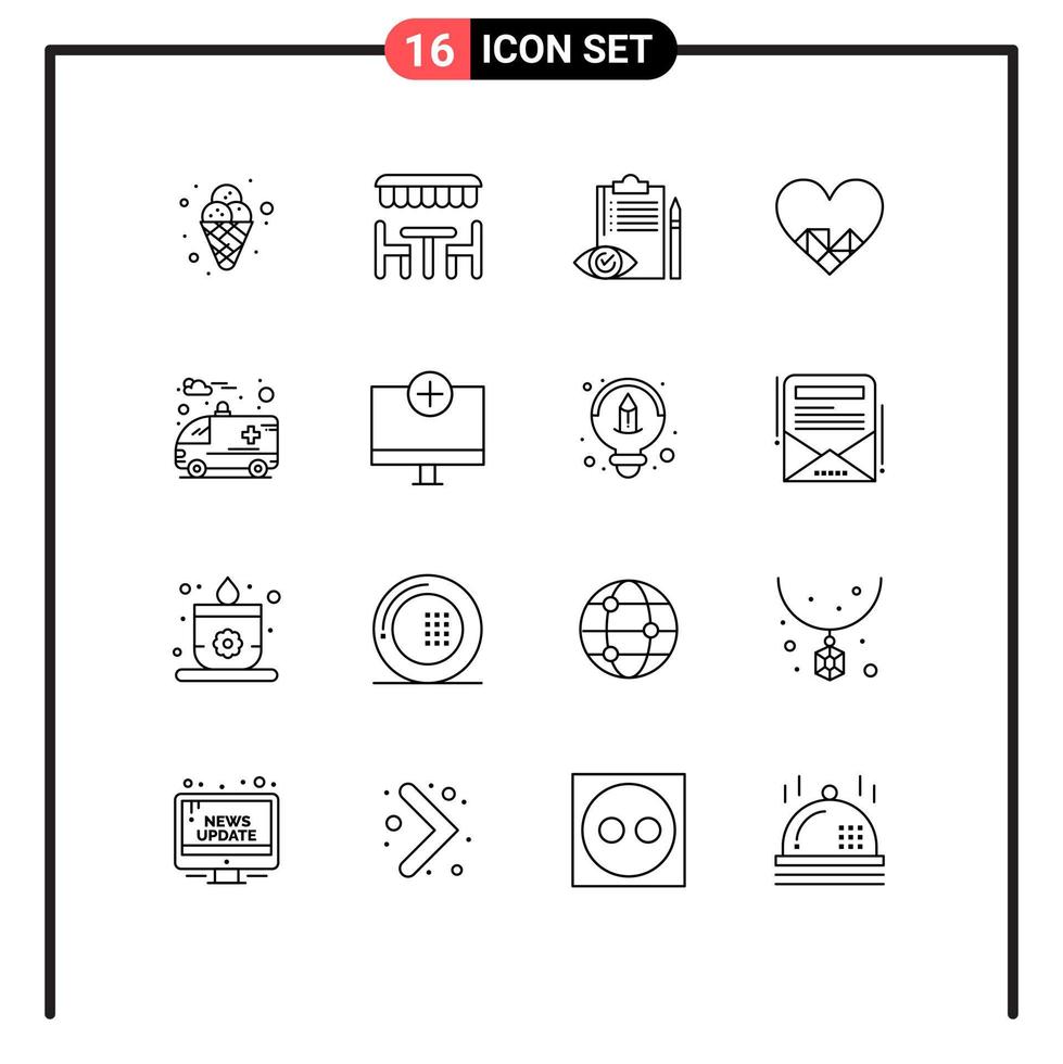 schets pak van 16 universeel symbolen van ambulance Leuk vinden kwaliteit controle liefde plan bewerkbare vector ontwerp elementen