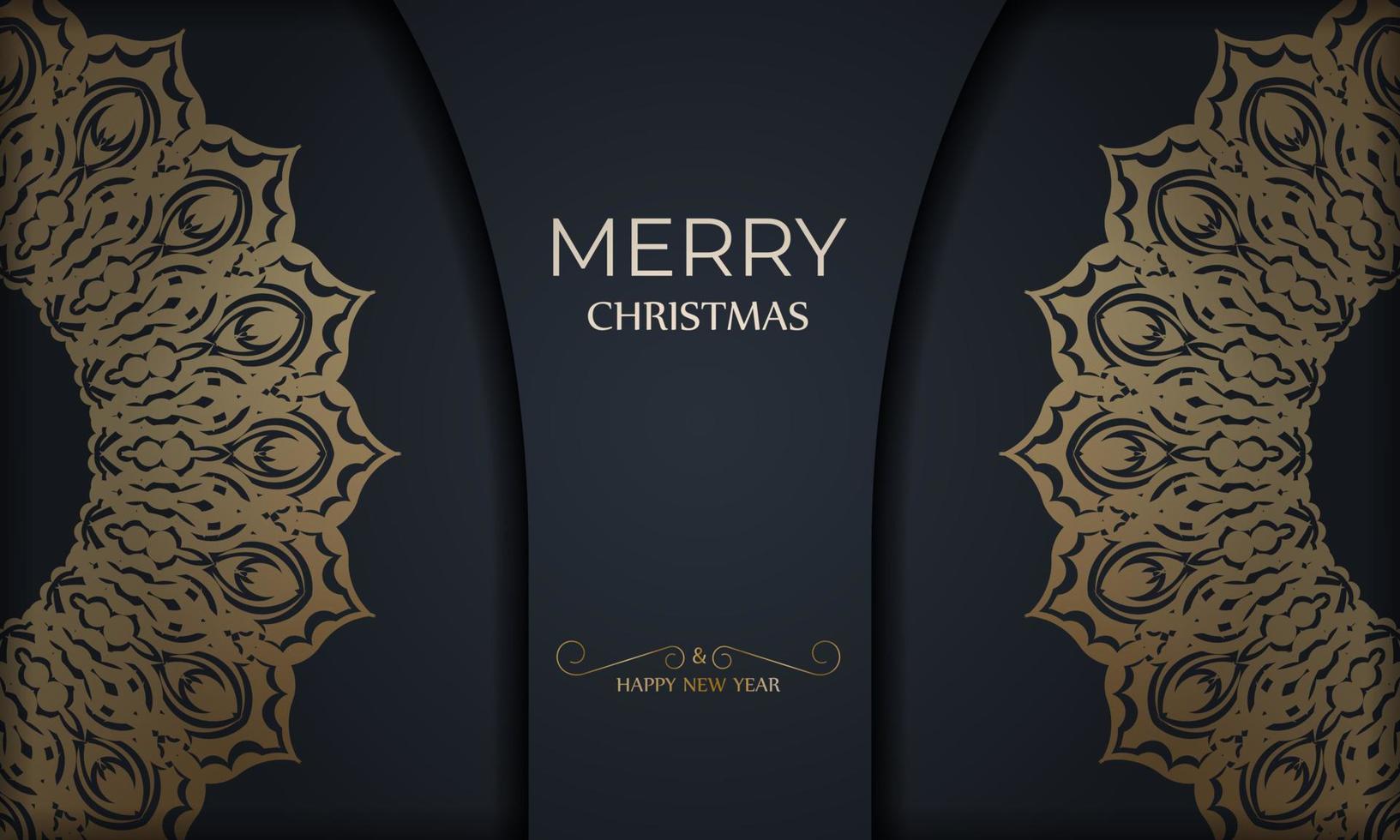 vrolijk Kerstmis en gelukkig nieuw jaar groet brochure sjabloon in donker blauw kleur met wijnoogst goud patroon vector