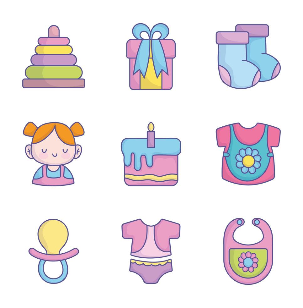 baby shower kleding speelgoed accessoires iconen collectie vector