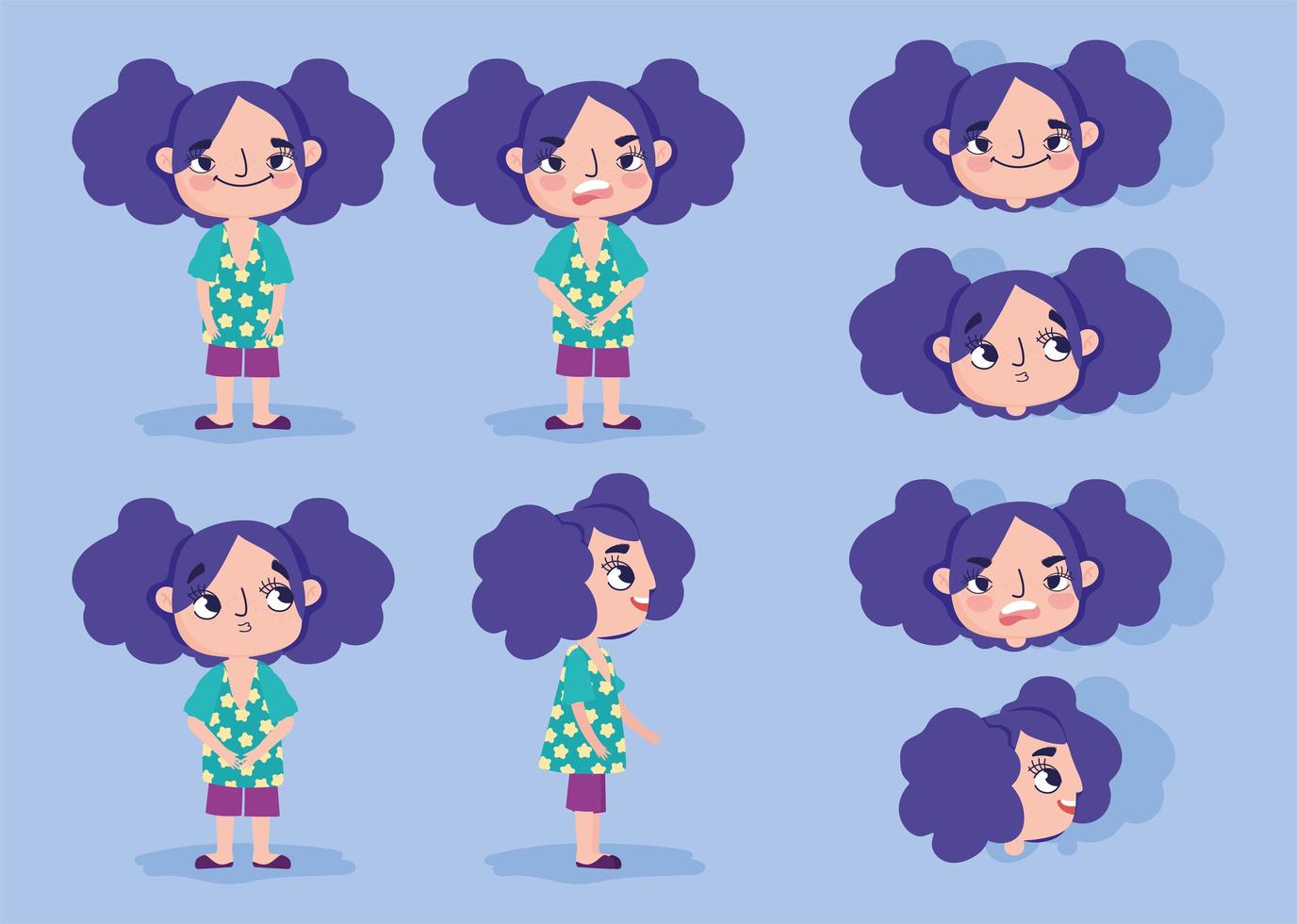 cartoon animatie meisje karakter gezichten en lichamen vector