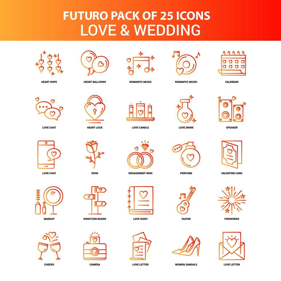 oranje futuro 25 liefde en bruiloft icoon reeks vector