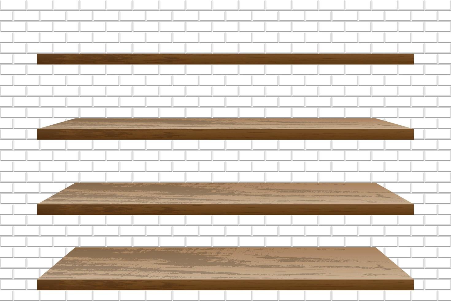 realistische lege houten planken op witte bakstenen muur vector