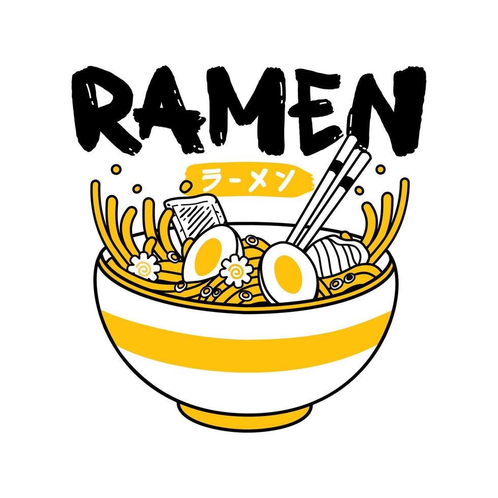 ramen noedels vector illustratie Aan kom en eetstokje met wijnoogst retro vlak stijl. Japans noodle soep. kanji middelen ramen