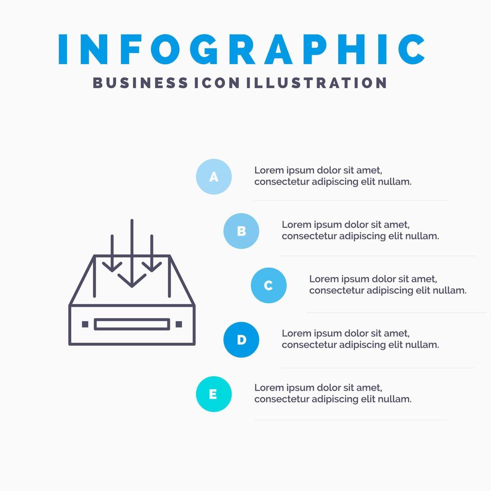 postvak IN mail doos houder levering pakket lijn icoon met 5 stappen presentatie infographics achtergrond vector