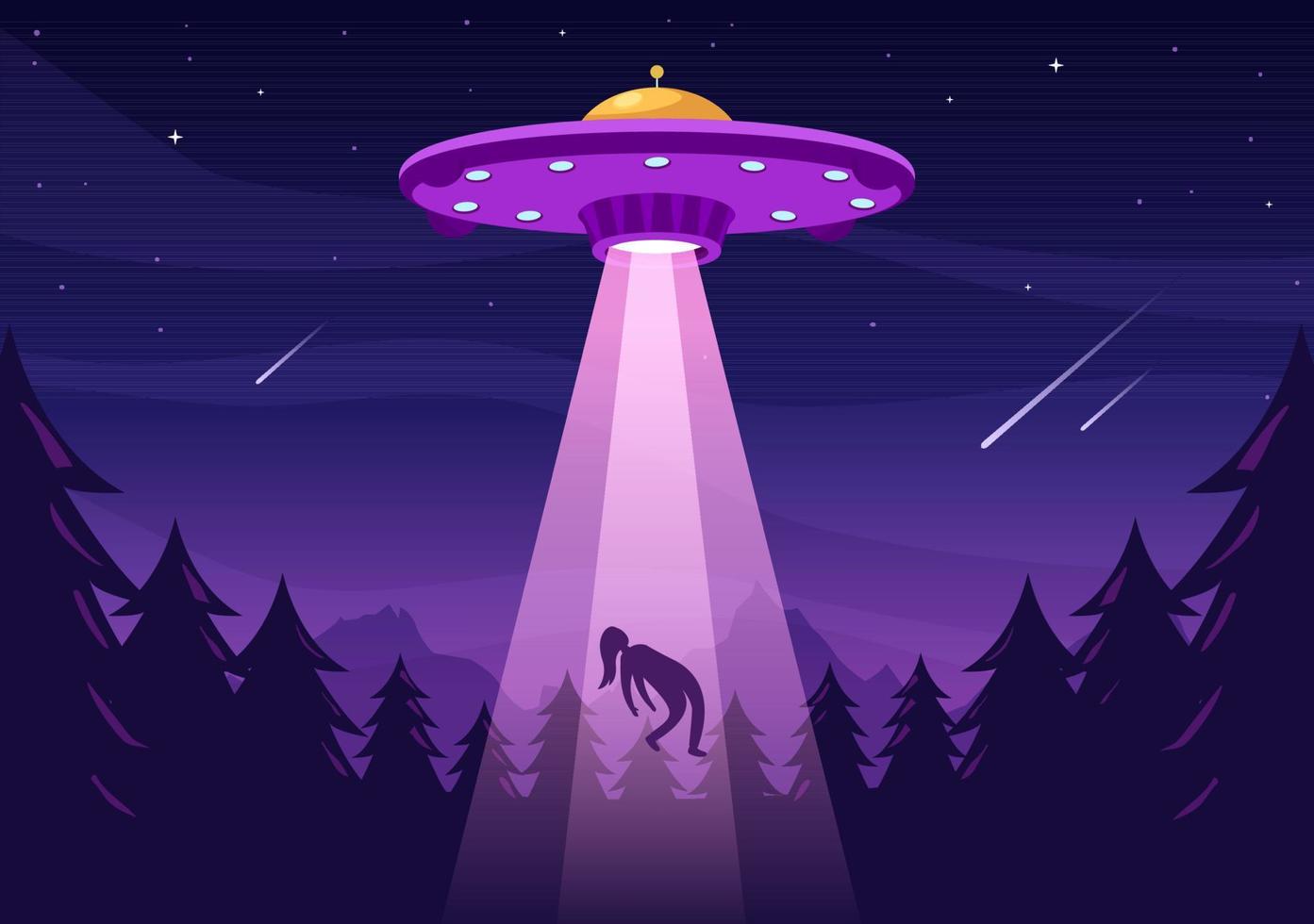 ufo vliegend ruimteschip met vliegend schotel over- de stad lucht ontvoert menselijk of dieren in vlak tekenfilm hand- getrokken Sjablonen illustratie vector