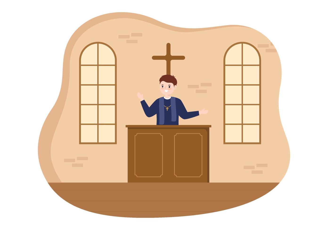 voorganger geven een preek van god in soutane Bij een Katholiek kerk van preekstoel en doop in vlak tekenfilm hand- getrokken Sjablonen illustratie vector