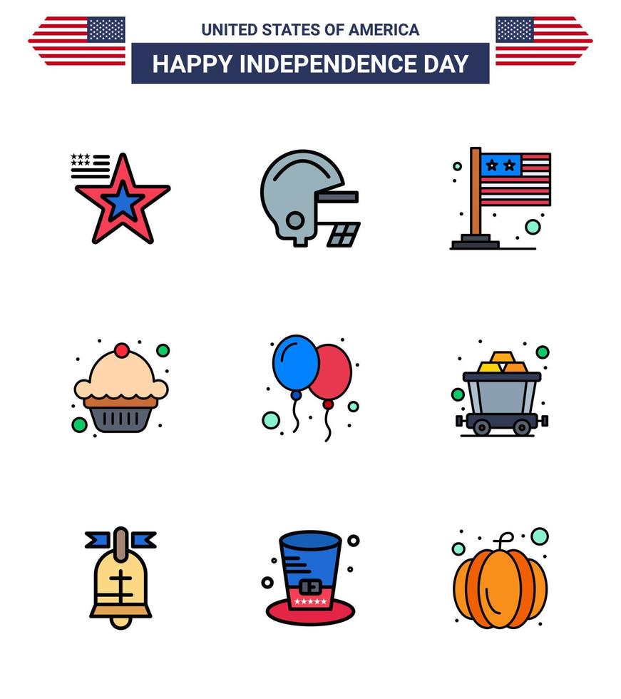 9 Verenigde Staten van Amerika vlak gevulde lijn pak van onafhankelijkheid dag tekens en symbolen van partij vieren vlag ballonnen toetje bewerkbare Verenigde Staten van Amerika dag vector ontwerp elementen
