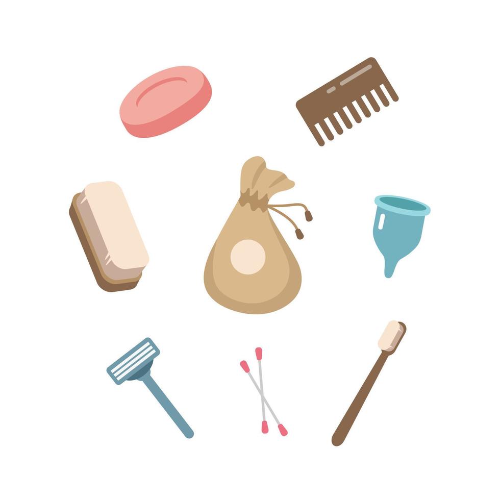 nul verspilling concept. reeks van ecologisch persoonlijk hygiëne items - houten tandenborstel, kam, borstel, menstruatie- beker, solide zeep, katoen tas, oor stokken. vector illustratie in tekenfilm stijl