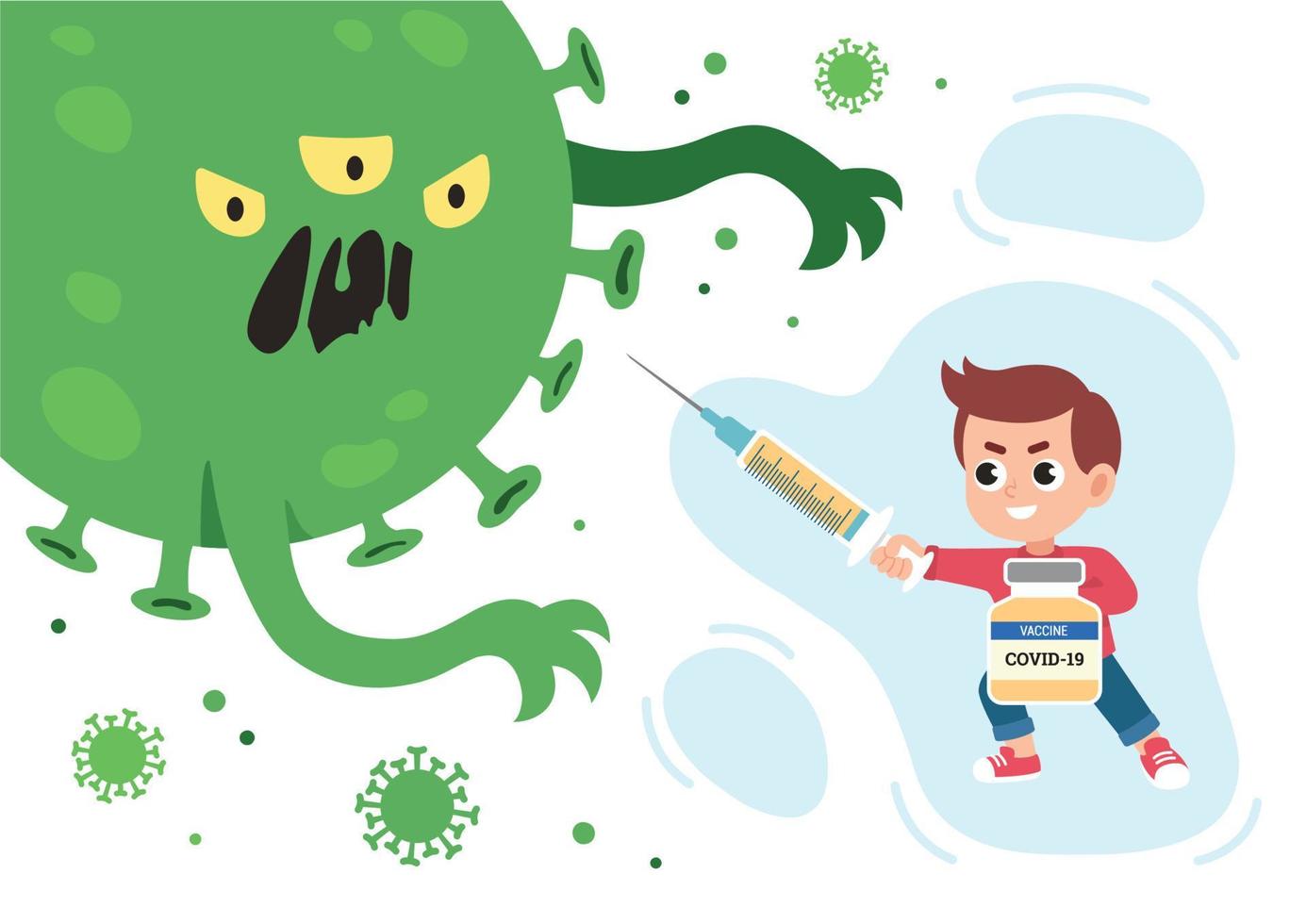 gevaccineerd jongen vechten de coronavirus monster. vector illustratie van vaccinatie van kinderen in vlak stijl.