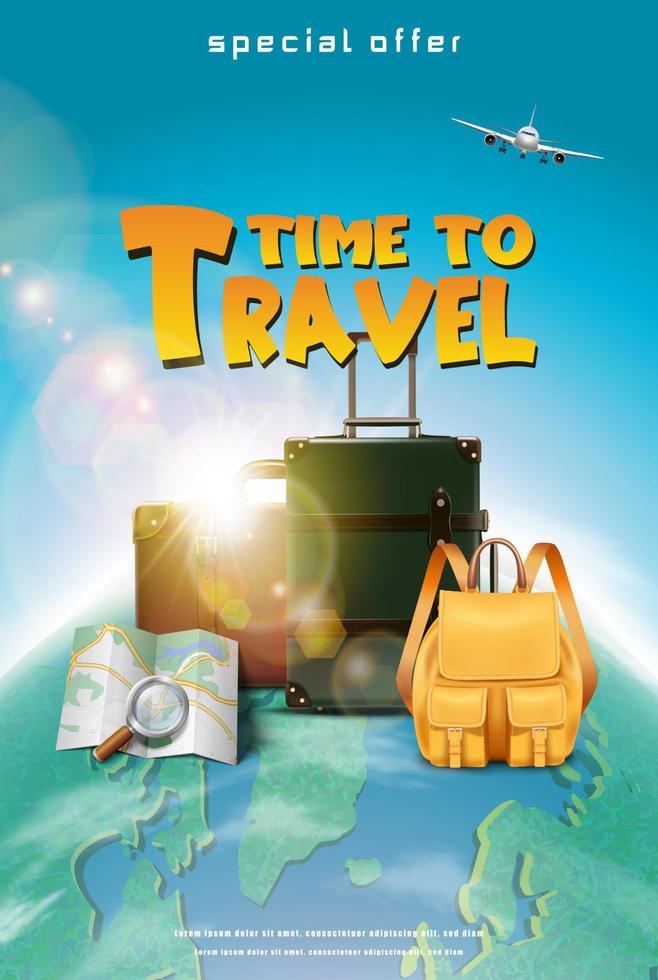 vector realistisch reizen concept banier of poster met toerist elementen, bagage, kaart, vlak met een wereldbol.