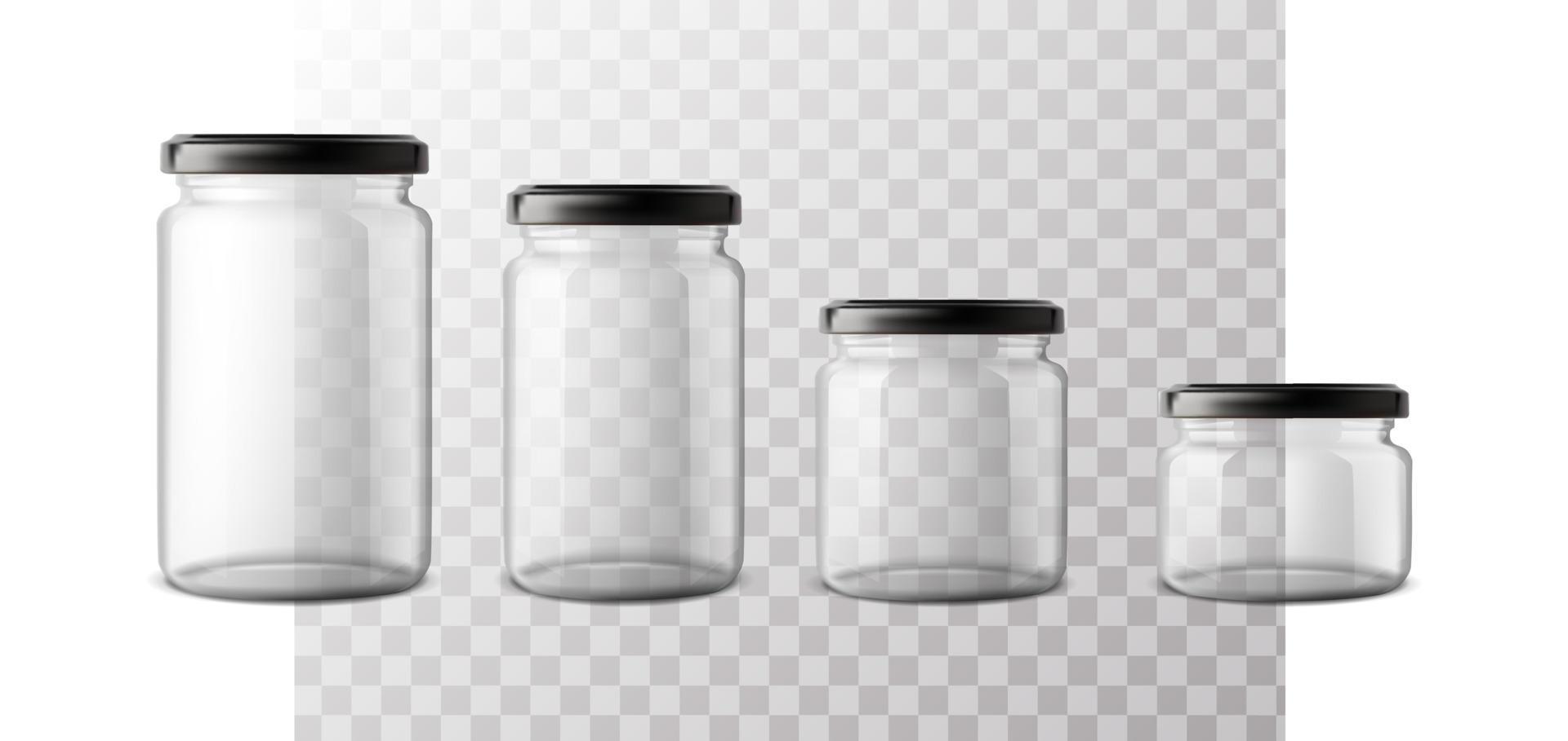 3d realistisch vector icoon. reeks van glas potten. transparant fles in verschillend maten met plastic deksel.