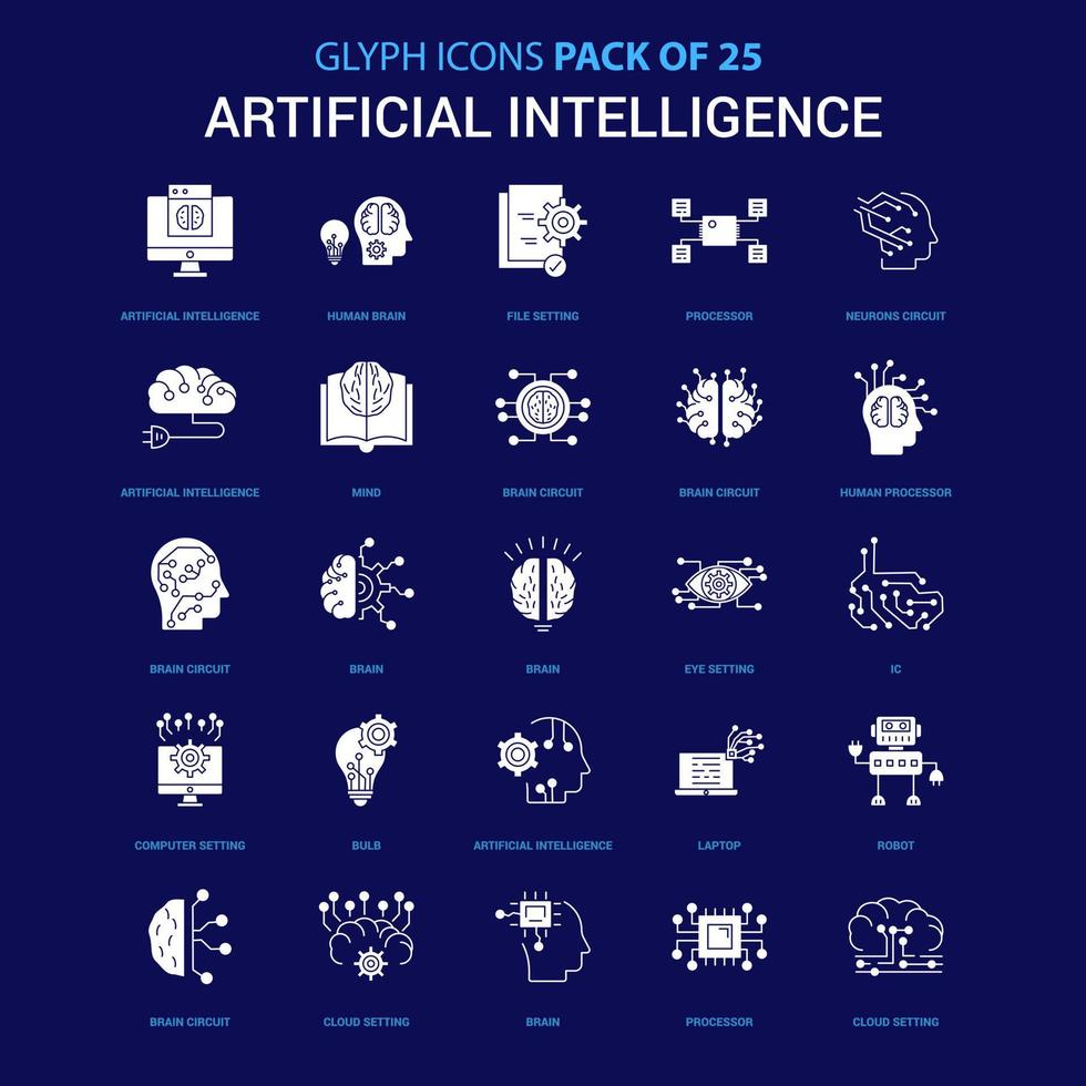 kunstmatig intelligentie- wit icoon over- blauw achtergrond 25 icoon pak vector