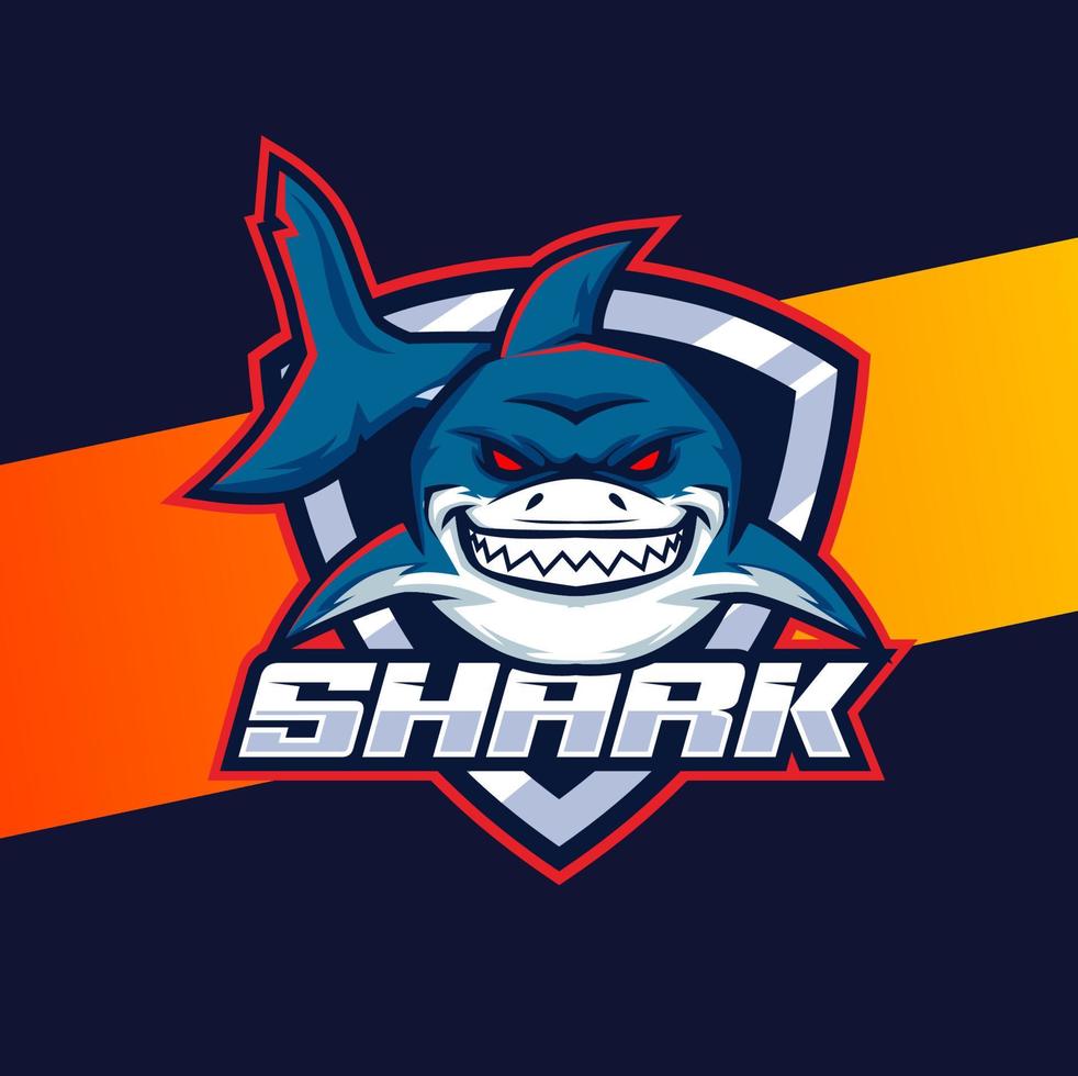 agressief boos haai mascotte karakter logo ontwerp met insigne voor sport spel vector
