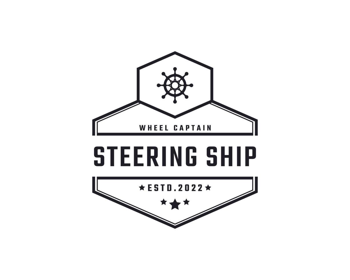 wijnoogst retro insigne embleem stuurinrichting wiel gezagvoerder boot schip jacht kompas vervoer logo ontwerp lineair stijl vector