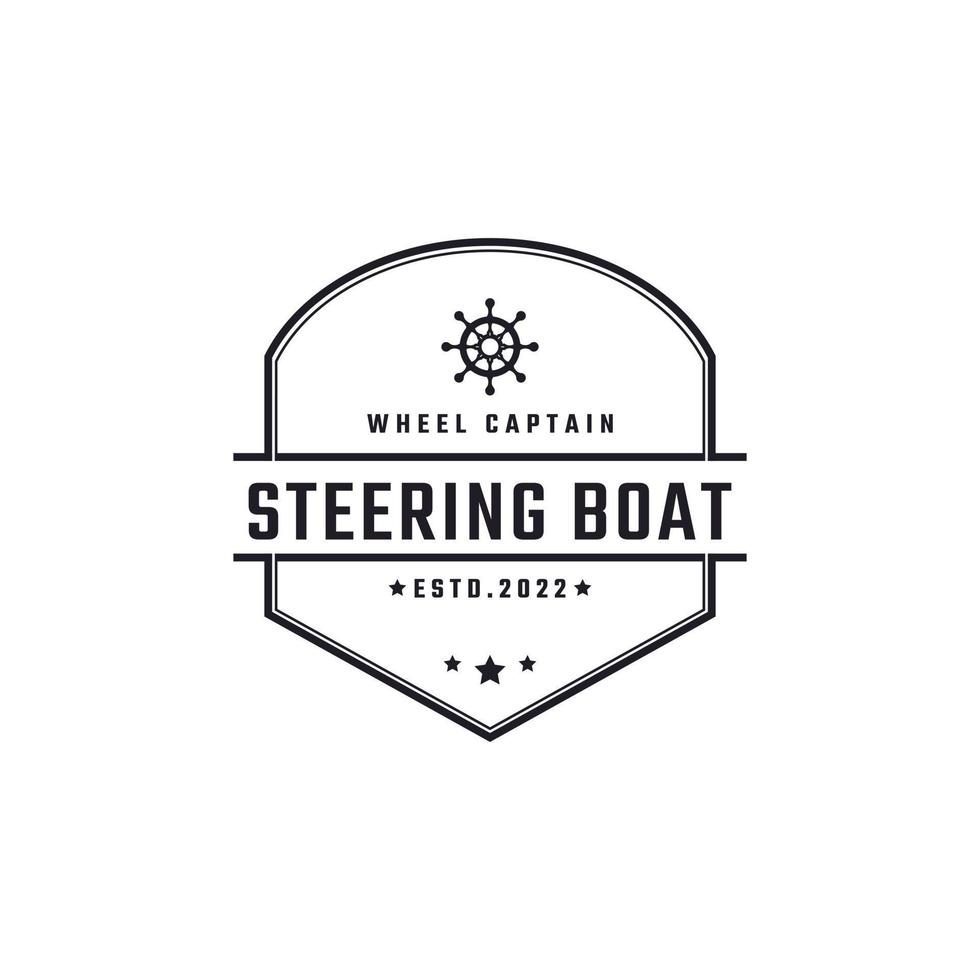 wijnoogst retro insigne embleem stuurinrichting wiel gezagvoerder boot schip jacht kompas vervoer logo ontwerp lineair stijl vector