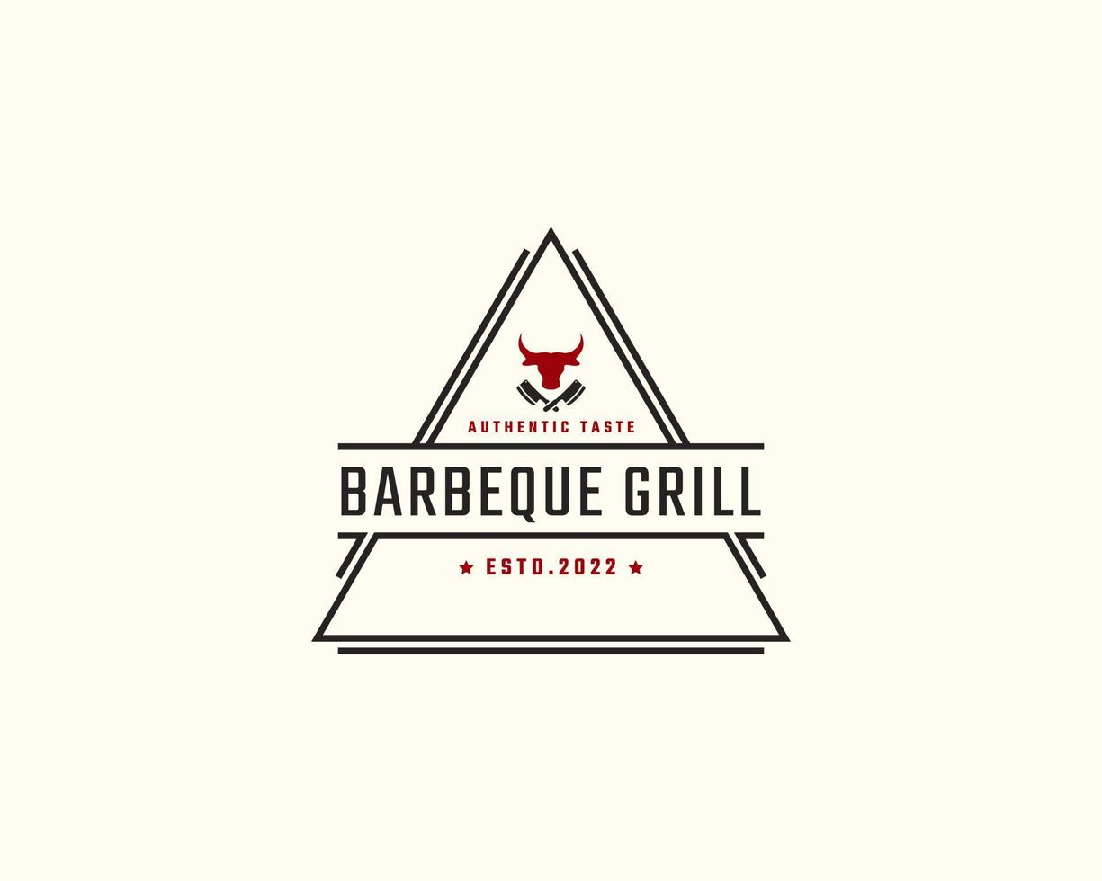 wijnoogst retro insigne embleem rustiek bbq rooster barbecue, barbecue etiket postzegel logo ontwerp lineair stijl vector