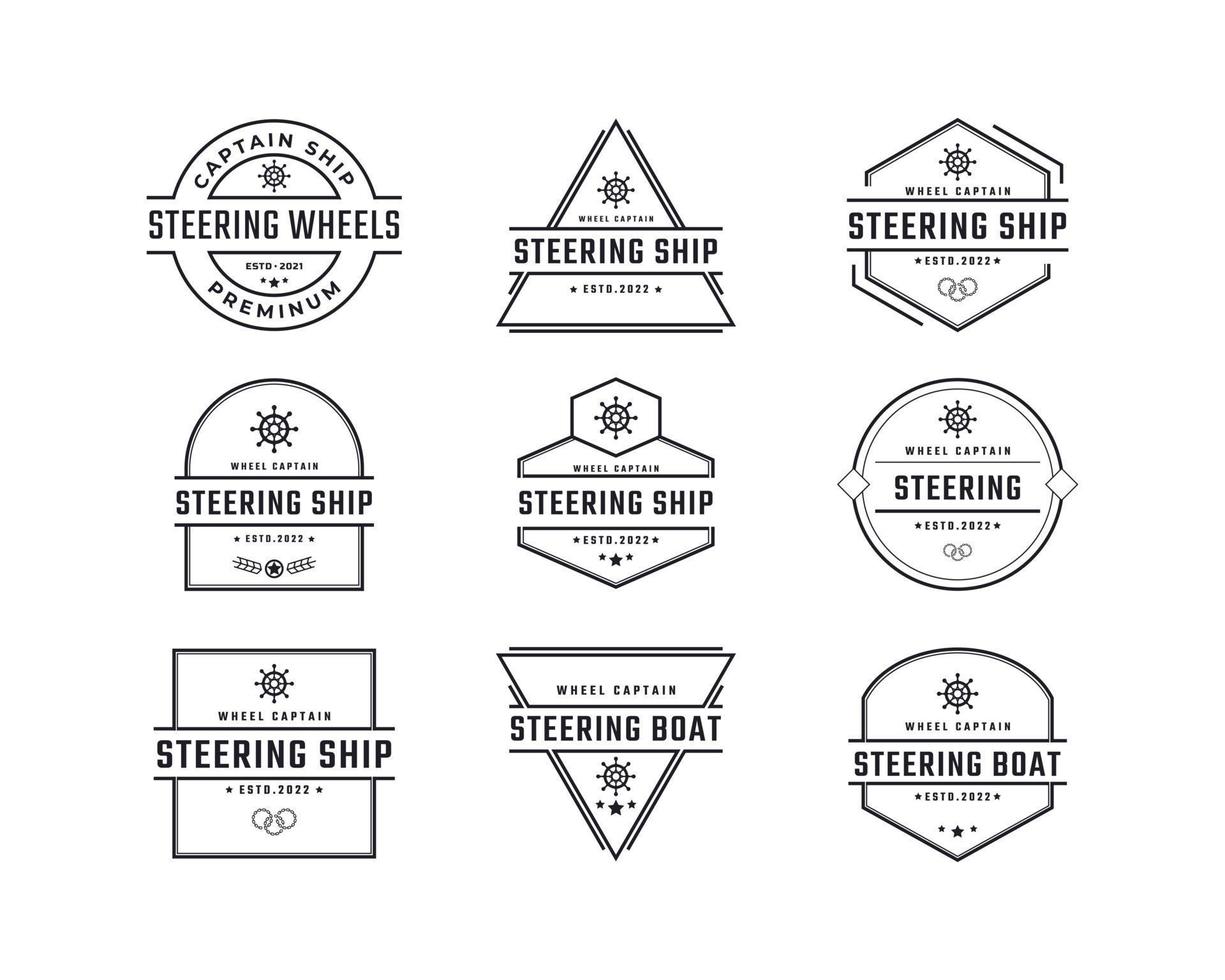 wijnoogst retro insigne embleem stuurinrichting wiel gezagvoerder boot schip jacht kompas vervoer logo ontwerp lineair stijl vector