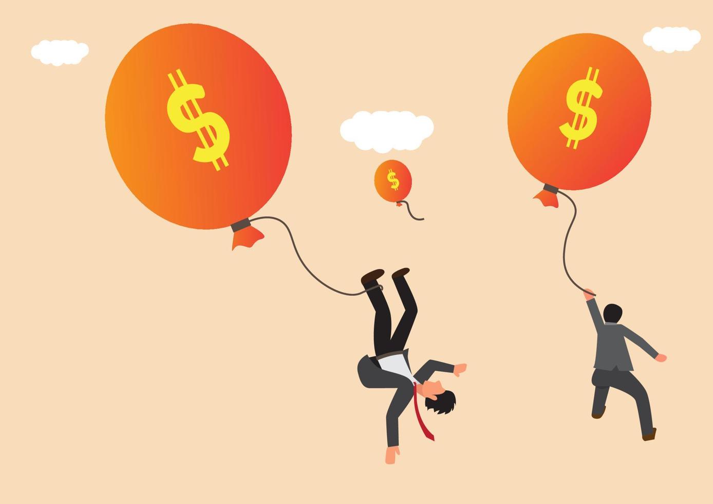 een benadrukt zakenman keek net zo zijn geld dreef Leuk vinden een ballon. spaargeld afgeschreven na inflatie en economisch crises. vector