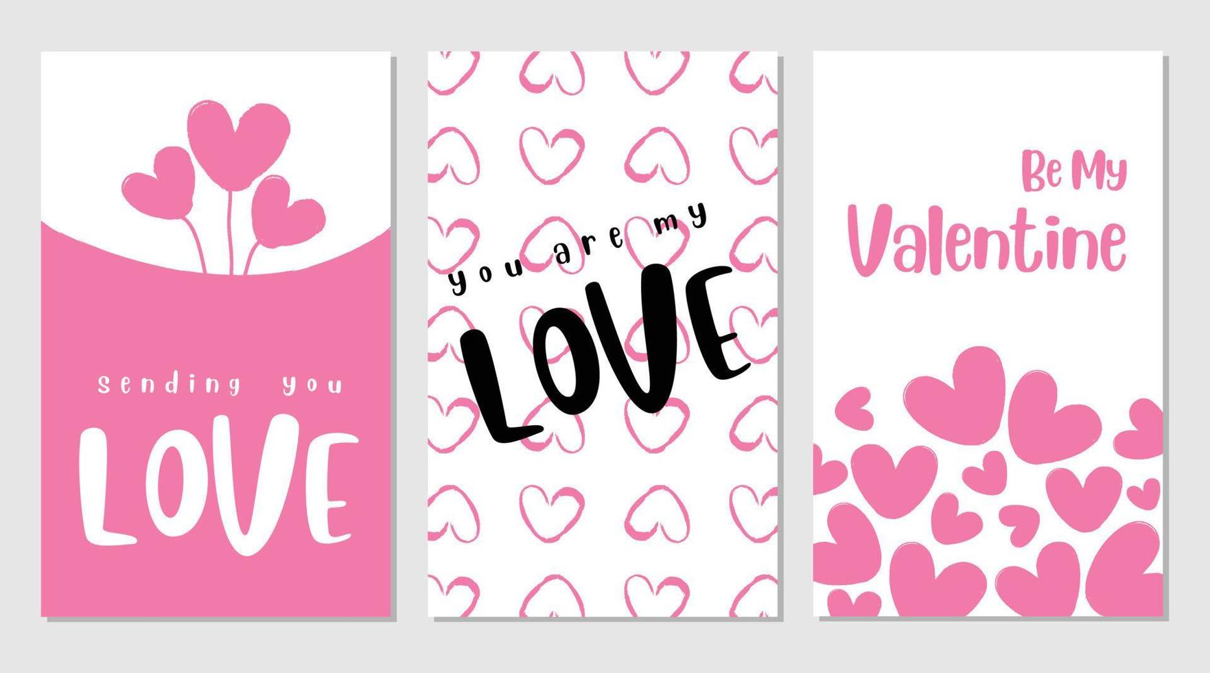 valentijnsdag dag groet kaart met schoonschrift liefde berichten. valentijnsdag dag kaart ontwerpen met hand- getrokken harten. vector