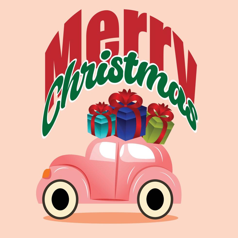 vrolijk Kerstmis iedereen, wijnoogst achtergrond met typografie, auto en geschenken. vector